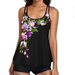 Women's Black  Swimsuit Tank Top & Boy Shorts Floral Orchid Size Med NWT #7121